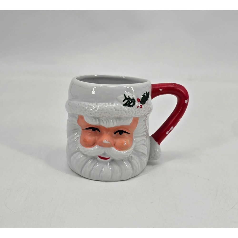 Santa Claus Face Ceramic Mug Candy Cane Handle Retro Christmas Holiday Decor